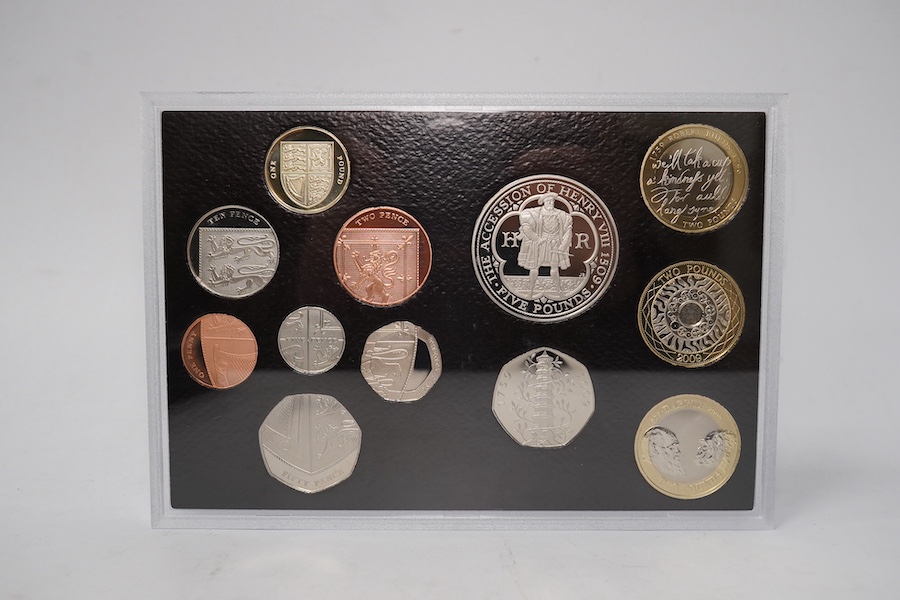 British coins, QEII, Royal Mint, 2009 UK proof coin set including scarce Kew Gardens 50p, in case of issue with certificate